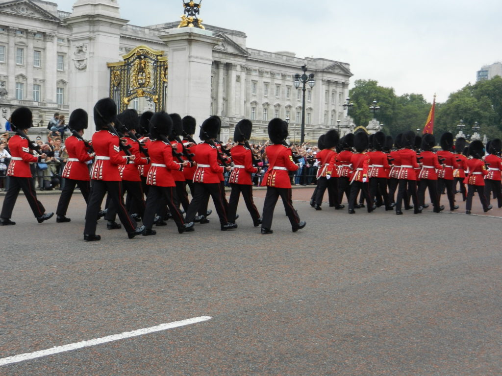 The Coldstream Guards march from the barracks to the palace for the daily Changing of the Guard ceremony.