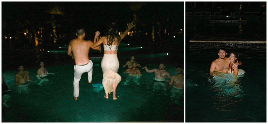 Bride and groom jumping into pool with clothes on at night after wedding reception at UNICO Hotel Riviera Maya