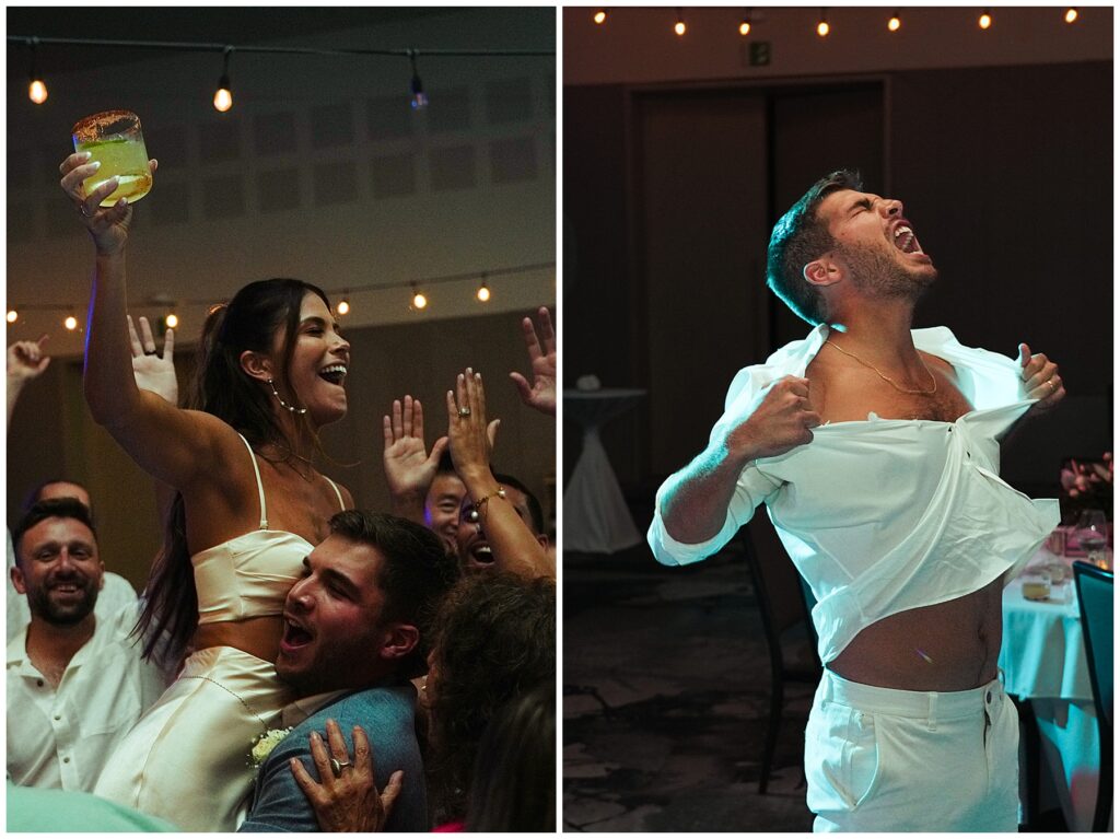 Bride and groom partying during wedding reception at UNICO Hotel Riviera Maya