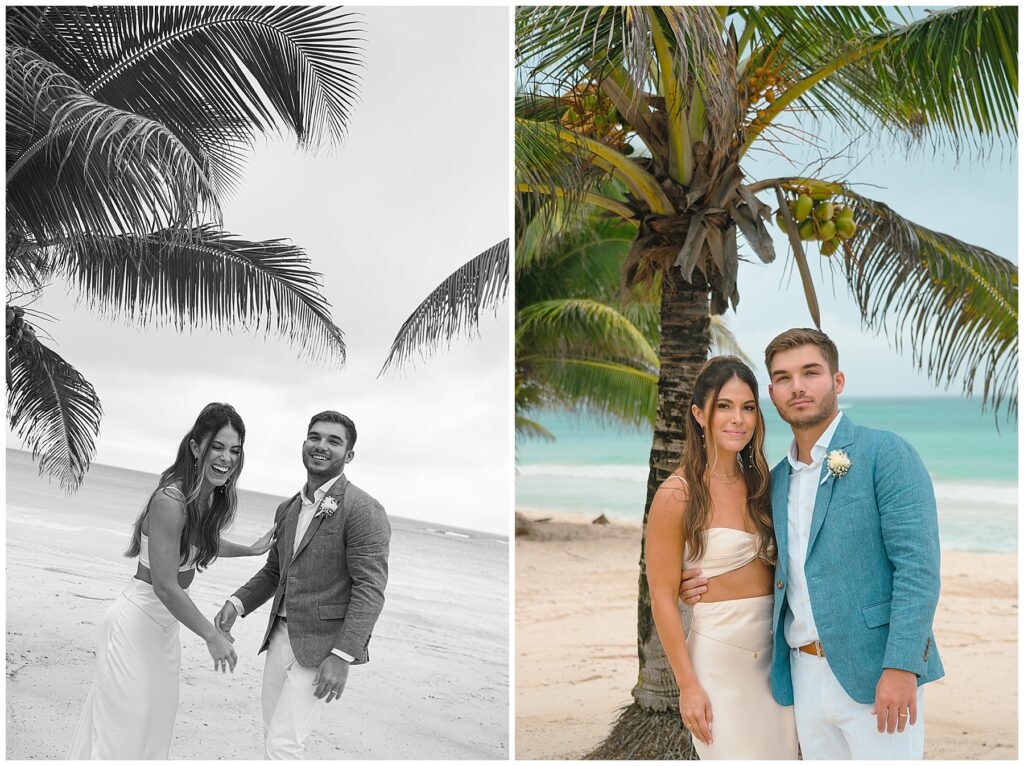 Bride and groom posing for portraits on beach next to palm trees at UNICO Hotel Riviera Maya
