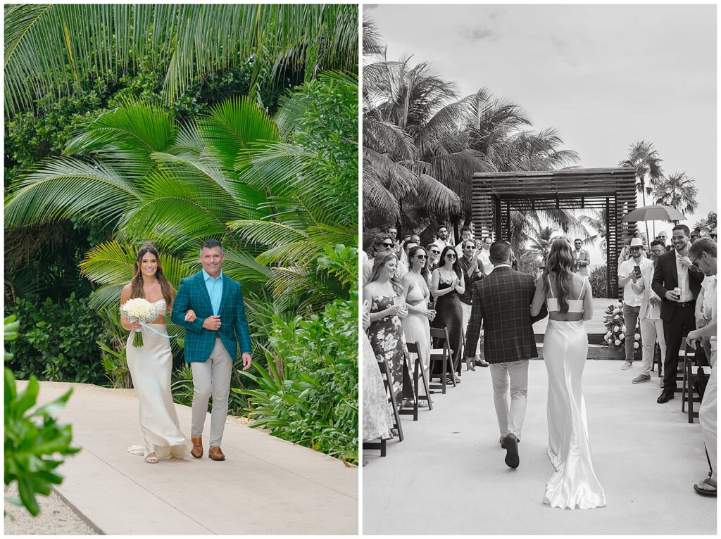 Bride and her dad walking down the aisle during wedding ceremony at UNICO Hotel Riviera Maya
