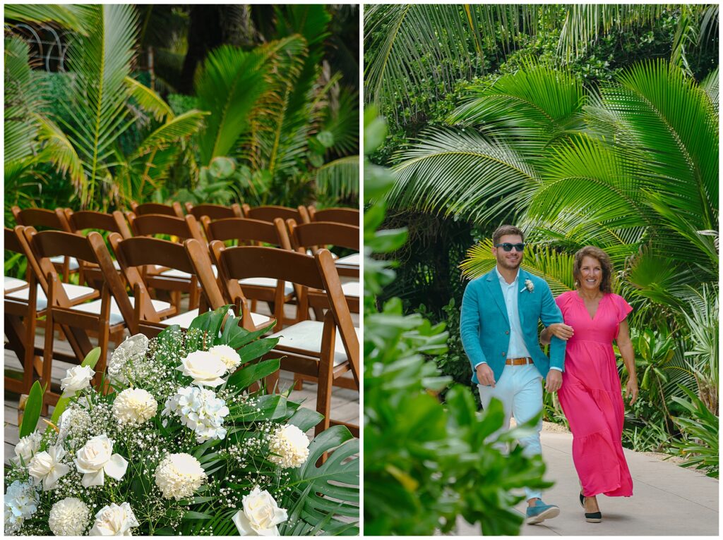 Groom in teal suit and sunglasses walking down the aisle with his mom at UNICO Hotel Riviera Maya