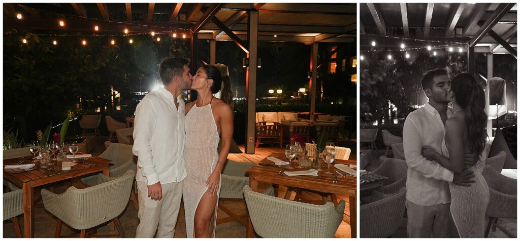 bride and groom kissing at all white welcome party at UNICO Hotel Riviera Maya