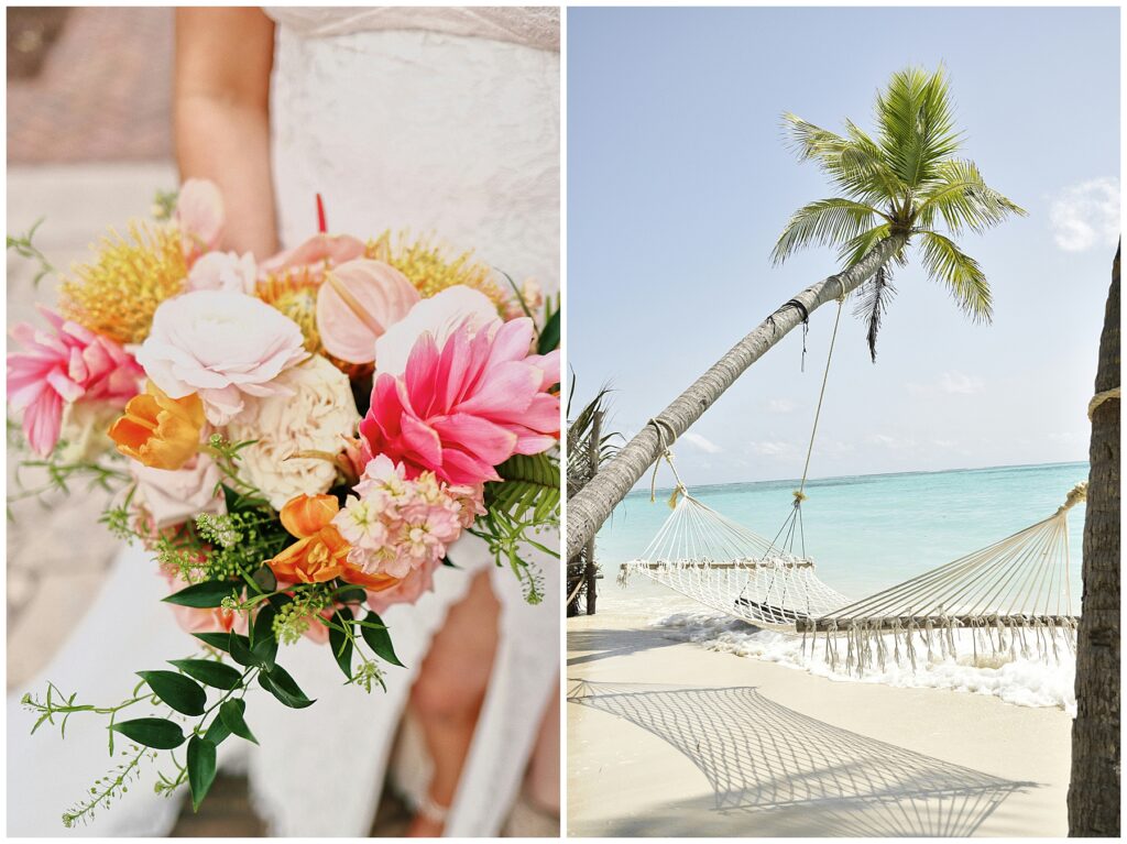 Pink, orange, and yellow wedding bouquet with tropical flowers. Hammock hanging from palm trees in front of ocean. 