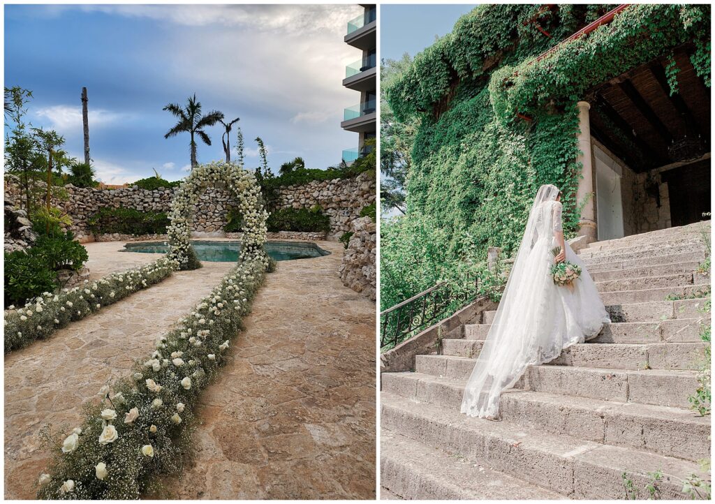 tropical wedding venue with stone walls and reflecting pool, decorated with floral arch and meadow aisle runners