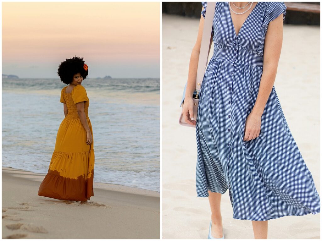 women standing on the beach wearing casual dresses