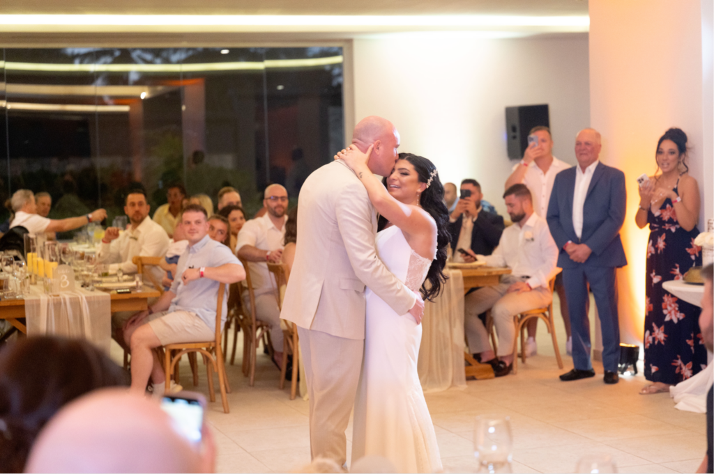 bride and groom first dance during reception at hard rock punta cana resort