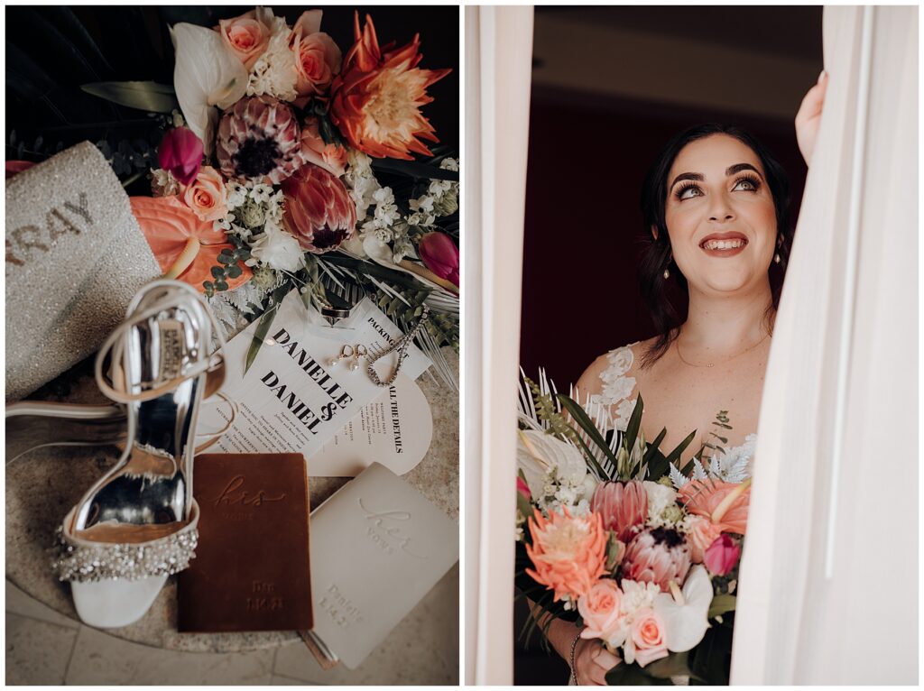 bride holding tropical bouquet looking out window at hyatt ziva cancun