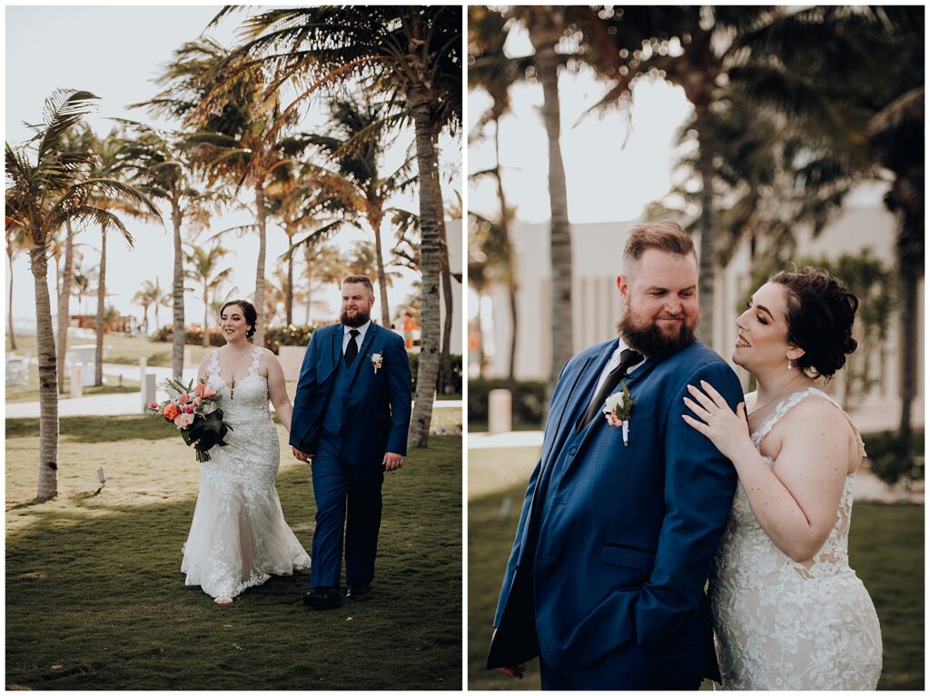 bride and groom holding hands and walking through palm trees