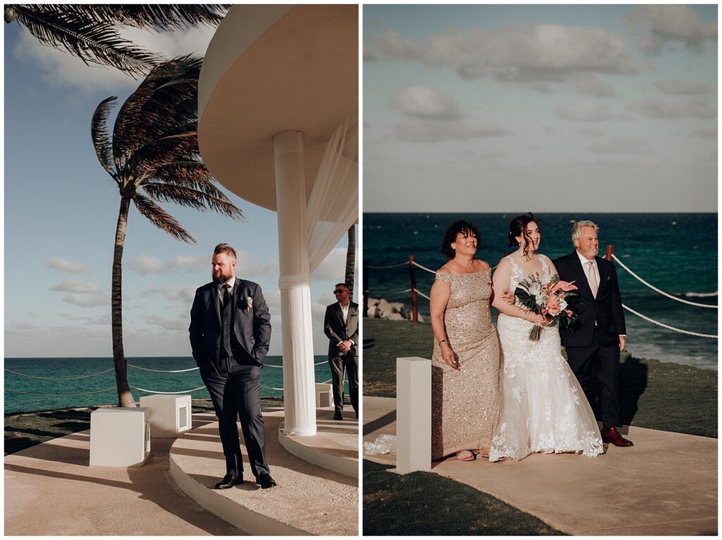 bride walking down aisle with both parents during wedding ceremony at hyatt ziva cancun