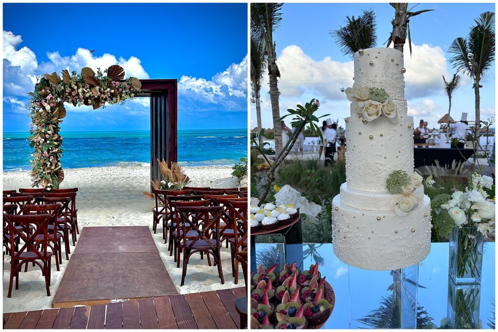 beach front wedding ceremony at Secrets Playa Blanca in Mexico with dark wooden gazebo and chairs