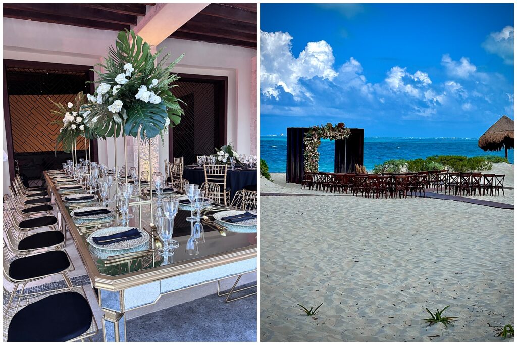 Wedding reception tablescape at Secrets Playa Blanca featuring tall tropical floral centerpieces and black and gold accents