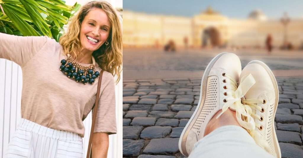 Collage showing stylish accessories and supportive sneakers on cobblestone streets, highlighting practical river cruise attire and what to wear on a river cruise for comfort and style.