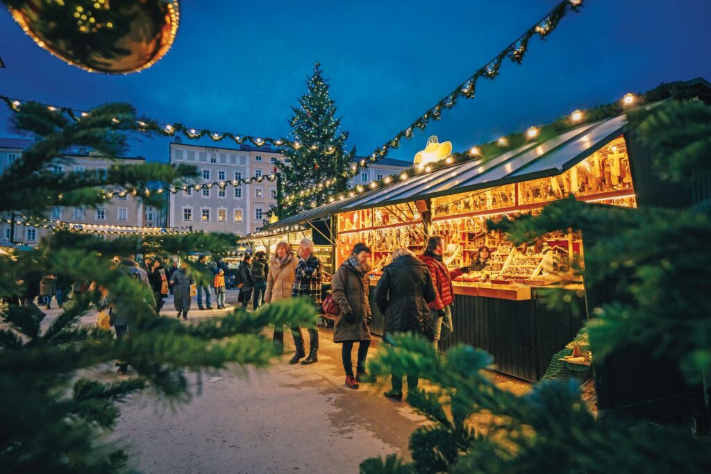 Christmas market in Europe along the Rhine River during the holiday season
